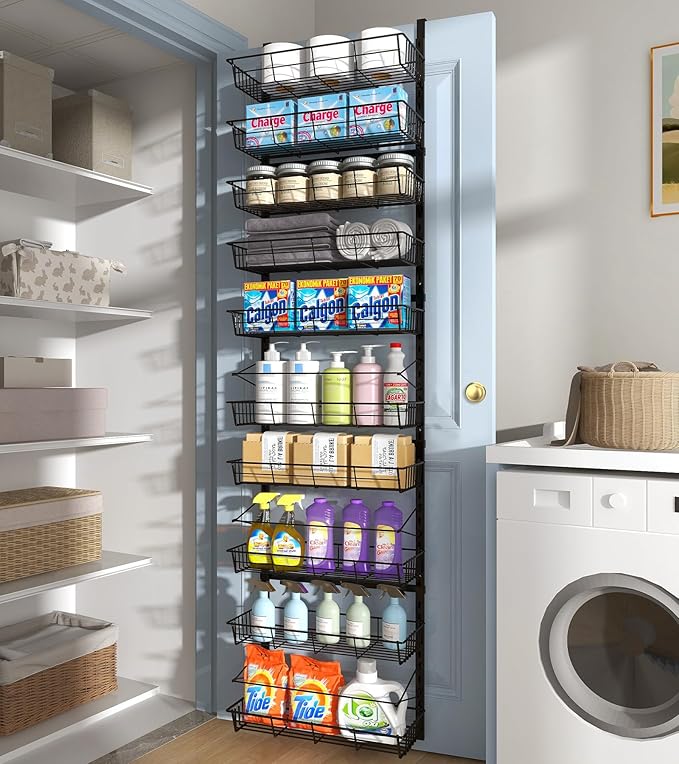 10-Tier Over The Door Pantry Organizer, Pantry Organization and Storage, Black Metal Hanging Adjustable Basket, Wall Spice Rack Seasoning Shelves, Home & Kitchen Essentials-HomvellaHome