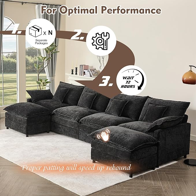 142.5" U Shaped Couch, Modular Sectional Sofa, 3-Seater Comfy Cloud Couch with Movable Ottoman, Deep Seat Couches for Living Room, Chenille, Black-HomvellaHome