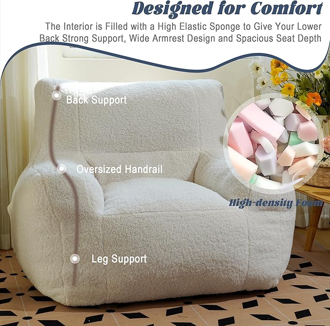 Giant Bean Bag Chair, Lambswool Bean Bag Chair for Adults, Eco-Friendly Filling Soft Bean Bag, White Been Bag for Bedroom, Living Room-HomvellaHome