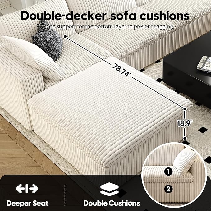 118" Cloud Couch Modular Sectional Sofa for Living Room,Modern Sofa with Deep Seat，U-Shape Boneless Couch with 2 Ottoman,Comfy Upholstered Corduroy Couches for Apartment, Studio, Office,Bedroom，White-HomvellaHome