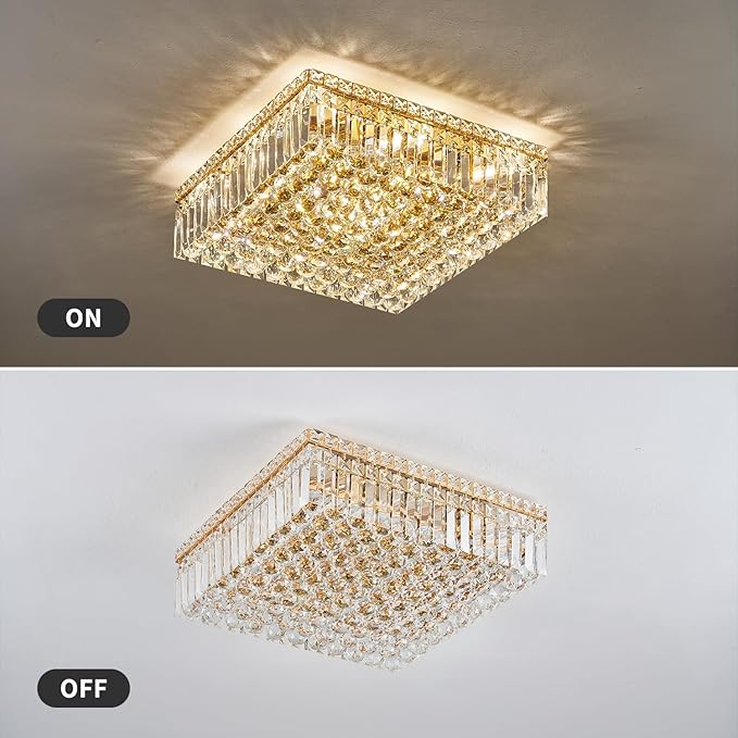 12-Lights Gold Crystal Flush Mount Ceiling Light Fixtures,Elegant Crystal Chandelier Pendant Ceiling Lamp for Bedroom,Living Room,Dining Room,Hallway H5.9 x W20 x L20 (Bulb Not Included) Square-HomvellaHome
