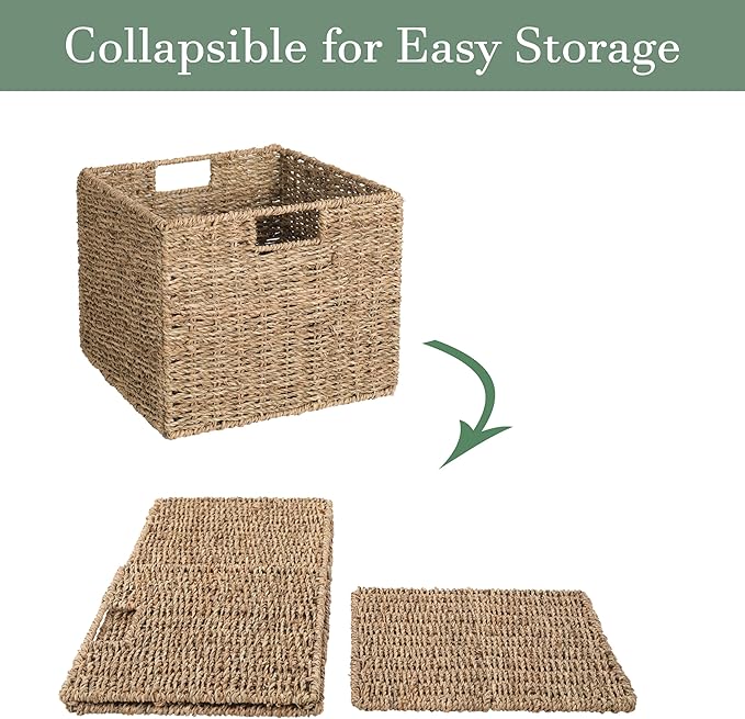 12x12x10in Seagrass Storage Baskets Set of 2, Large Wicker Storage Basket, Decorative Seagrass Shelf Basket, Pantry Baskets Organization,Folding Storage Cube Bins-HomvellaHome