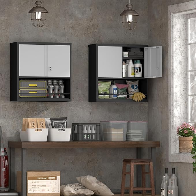 Garage Cabinets,Metal Storage Cabinet with Locking Door,Lockable Wall Mount Cabinet for Storage,Hanging Cabinets for Garage,Kitchen,Office-HomvellaHome