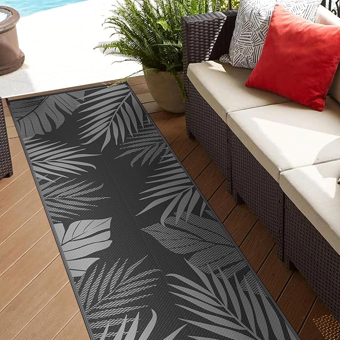 GENIMO Outdoor Rug 2.5' x 8' Waterproof for Patios Clearance, Reversible Outdoor Plastic Straw Camping Rug Carpet, Large Area Rugs Mats for RV, Camper, Deck, Balcony, Porch, Beach, Picnic, Black&Grey-HomvellaHome