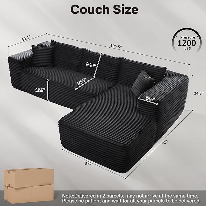 104" Cloudy Sectional L Shaped Couch for Living Room, No Assembly Required, Modular Comfy Sofa with Deep Seat, Fluffy Couch with Sleeper Chaise for Apartment Lounge (Black)-HomvellaHome