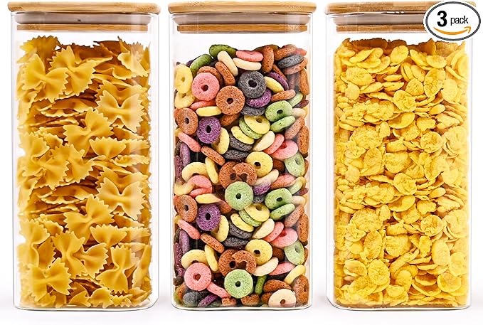 Glass Food Storage Jars Square 51oz, 3 Pack Glass Jars With Bamboo Lids, Kitchen Storage Containers For Spice, Candy, Cookie, Storage For Pantry Organizers-HomvellaHome