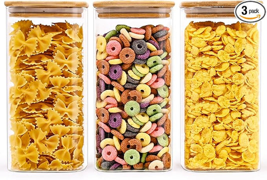 Glass Food Storage Jars Square 51oz, 3 Pack Glass Jars With Bamboo Lids, Kitchen Storage Containers For Spice, Candy, Cookie, Storage For Pantry Organizers-HomvellaHome