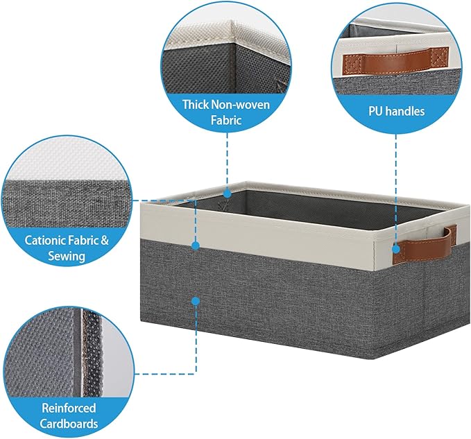 GhvyenntteS Small Fabric Storage Bins 12 Pack, Storage Basket with Leather Handles, Closet Storage Bins for Shelves, Storage Baskets for Shelves, Home, Office (Grey/White, 11.8" x 7.87" x 5.11")-HomvellaHome