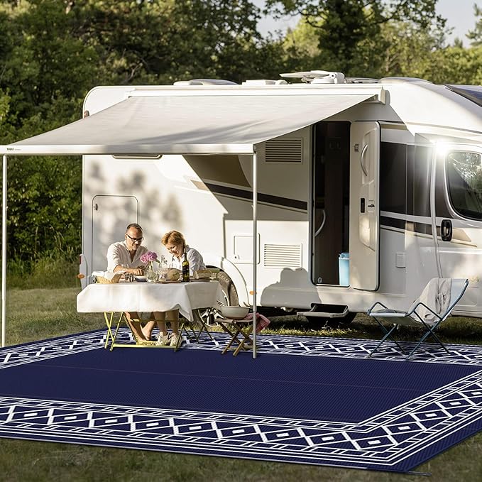 GENIMO Outdoor Rug Waterproof Area 10'x14' for Patio, Foldable Reversible Plastic Straw Carpet for Travel Trailers, Outside Mat for Rv, Deck, Picnic, Porch, Camper, Balcony, Beach, Blue & White-HomvellaHome