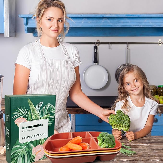 greenandlife 10.8 Inch 4PCS Divided Plates for Kids Adults, Portion Control Plates, Dishwasher & Microwave Safe Compartment Plate, Unbreakable Lightweight Reusable Wheat Straw Plates, Sunset-HomvellaHome