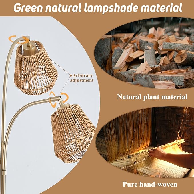 Gold Rattan Floor Lamp for Living Room, 72 Inch Tall Boho Floor Lamp with Rotary Switch, 3 Lights Arc Lamp with Wicker Shade for Coastal,Bohemian,Modern,Tree Farmhouse Standing Lamp-HomvellaHome