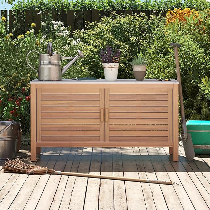 Goplus Patio Storage Cabinet, 2-Door Acacia Wood Storage Container with Faux Marble Top, Outdoor Wooden Sideboard for Deck, Garden, Lawn and Backyard-HomvellaHome