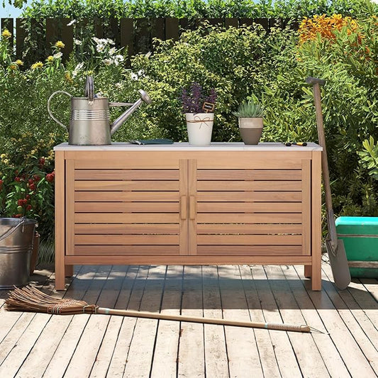 Goplus Patio Storage Cabinet, 2-Door Acacia Wood Storage Container with Faux Marble Top, Outdoor Wooden Sideboard for Deck, Garden, Lawn and Backyard-HomvellaHome