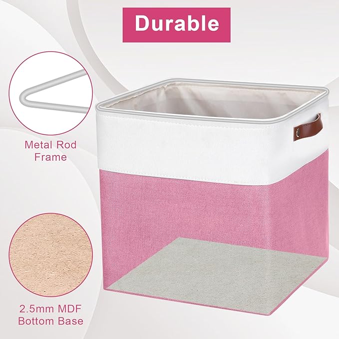 13x13 Cube Storage Bins, Collapsible Fabric Storage Box, 4 Pack Closet Baskets with Handles for Organizing, Shelf, Toys, Clothes, Home, Office, Nursery (Pink&White)-HomvellaHome