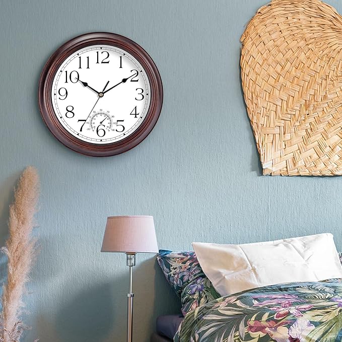 10 Inch Outdoor Wall Clock with Thermometers, Vintage Silent Wall Clocks Battery Operated, Retro Non-Ticking Clock Decorative for Living Room, Patio, Kitchen, Office, Bathroom, Bedroom(Bronze)-HomvellaHome
