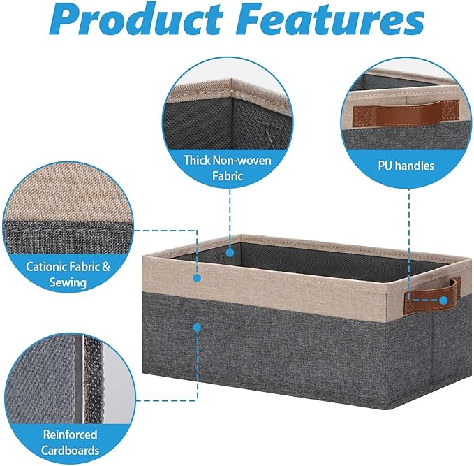 GhvyenntteS Small Fabric Storage Bins 6 Pack, 11.8" x 7.87" x 5.11" Storage Basket with Leather Handles, Closet Storage Bins for Shelves, Storage Baskets for Shelves, DVD Storage (Grey/Beige Yellow)-HomvellaHome