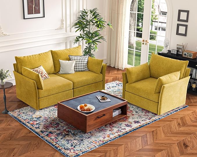 135.5" Oversized Modular Sectional Sofa, L Shaped Convertible Couch with Movable Ottoman, Large 6 Seat Corner Couches for Living Room Deep Seat Yellow Chenille-HomvellaHome