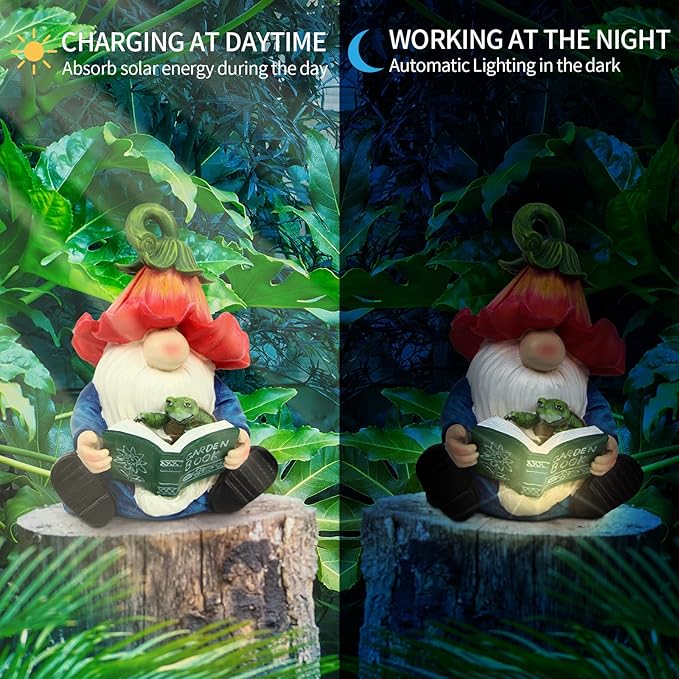 Garden Gnome Statue-Resin Gnome Figurine Hugging Turtle Reading Book with Solar LED Lights，Outdoor Summer Decorations for Patio Yard Lawn Porch,Garden Ornament Gift-HomvellaHome