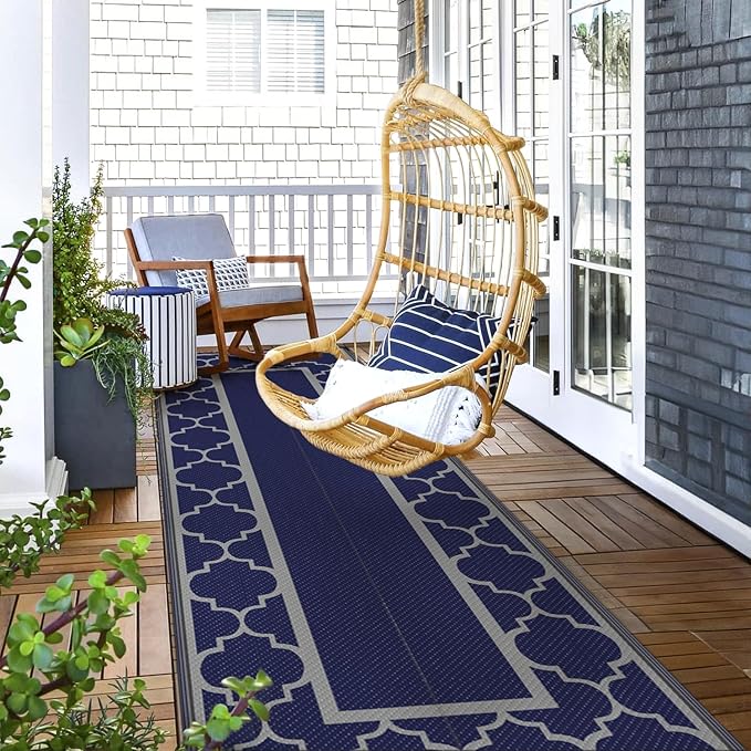GENIMO 2.5 ' x 8 ' Outdoor Rug for Porch Patio Clearance, Waterproof Indoor Outdoor Plastic Straw Rugs Carpet, Reversible Outside Area Rv Mat for Camping, Balcony, Deck, Picnic, Beach (Blue & Gray)-HomvellaHome