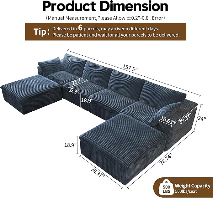 157.5" U Shaped Modern Sofa Modular Sectional Cloud Couch with 2 Ottoman,Deep Seat Upholstered Couches with Corduroy Fabric for Living Room Furniture,Bedroom and Apartment,No Assembly Required,Blue-HomvellaHome