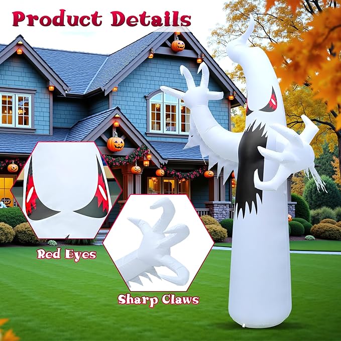 12FT Halloween Inflatables Giant White Ghost, Halloween Inflatable Outdoor Decoration, LED Colored Lights, Scary Red Eyes, Devil Claws, for Indoor and Outdoor Halloween Blow Ups Party Decorations-HomvellaHome