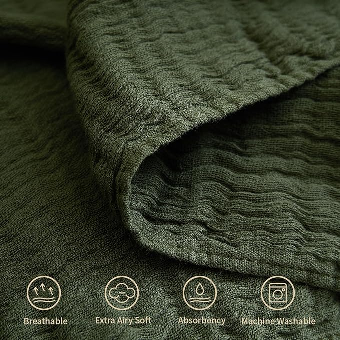 100% Cotton Muslin Throw Blanket for Bed, Couch, Small, Decorative, Soft, Pre-Washed, Breathable and Lightweight Gauze Blanket with Tassels, Suitable for All Seasons, Olive Green, 50"x60"-HomvellaHome