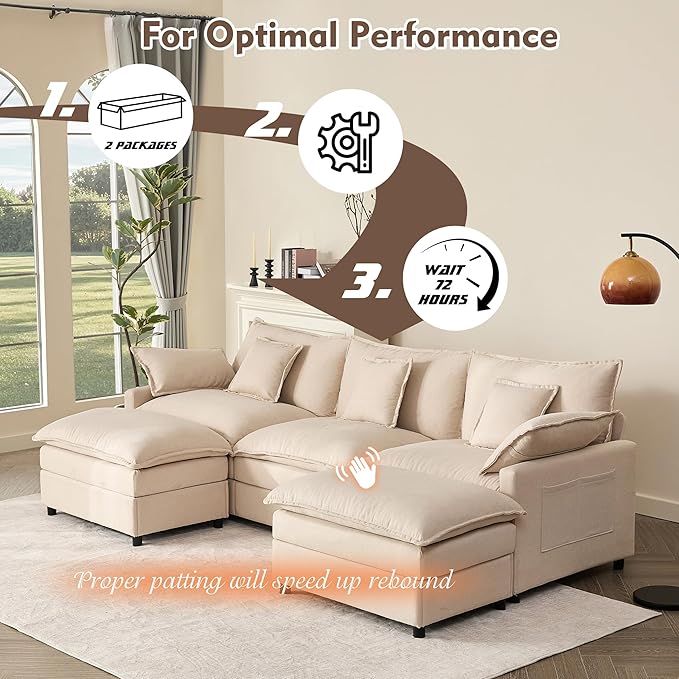 108" U Shaped Couch, Modular Sectional Sofa, 3-Seater Comfy Cloud Couch with Movable Ottoman, Deep Seat Couches for Living Room, Linen, Beige-HomvellaHome
