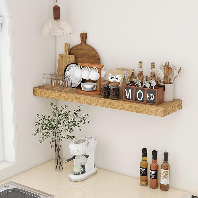 12 Inch Deep Floating Shelves for Wall, 48W x 12D Rustic Oak Wood Floating Shelves, Large Floating Shelves Set of 1 for Living Room Bathroom Laundry Room Bedroom Kitchen Home Office - Oak-HomvellaHome