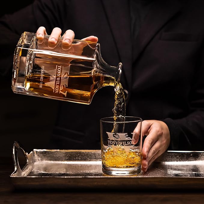 Gifts Inscribed Personalized Whiskey Decanter Set - Engraved Whiskey Decanter Bottle & Set of 4 Custom Drinking Glasses Laser Etched - Customized Whisky Gift for Wedding, Birthday, Fathers Day-HomvellaHome