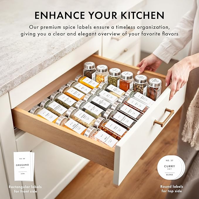 Glass Spice Jars with Label and Stainless Steel Lids (24 x 4oz) Spice Containers with 240 Labels, Shaker Inserts, Steel Funnel, Empty Square Empty Square Seasoning Organizer (White)-HomvellaHome