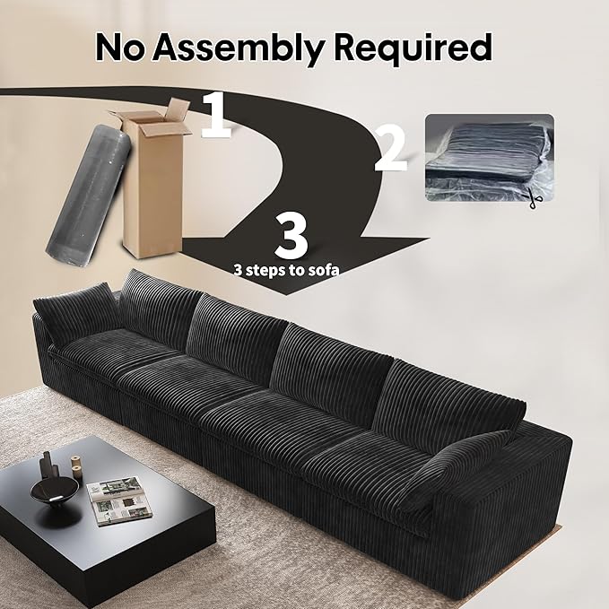 157.5" 4-Seater Cloud Sofa,Modular Sectional Couch,Modern Deep Seat Upholstered Couches with Plush Corduroy Fabric for Living Room Furniture,Bedroom and Apartment,No Assembly Required,Black-HomvellaHome