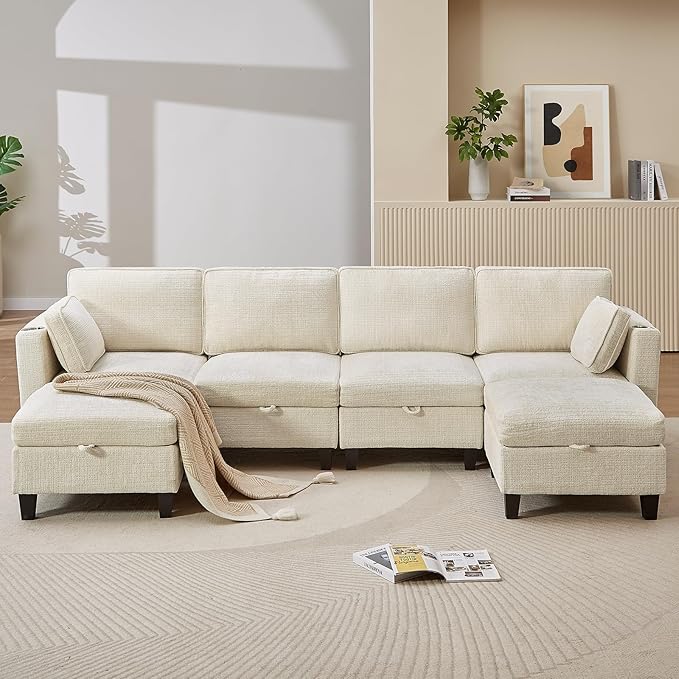 110" Modular Sectional Sofa, Convertible Sleeper Sofa Couch Bed with Adjustable Backrest, U-Shaped Chenille Cloud Couch with Ottoman Storage, Deep Seat Couches for Living Room,Beige-HomvellaHome