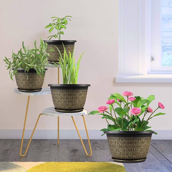 10 Inch Plant Pots, 4 Pack Flower Pots Outdoor with Drainage Holes & Trays, Retro Antique Imitation Decorative Garden Plastic Pots for Plants Indoor Sets for Houseplants-HomvellaHome