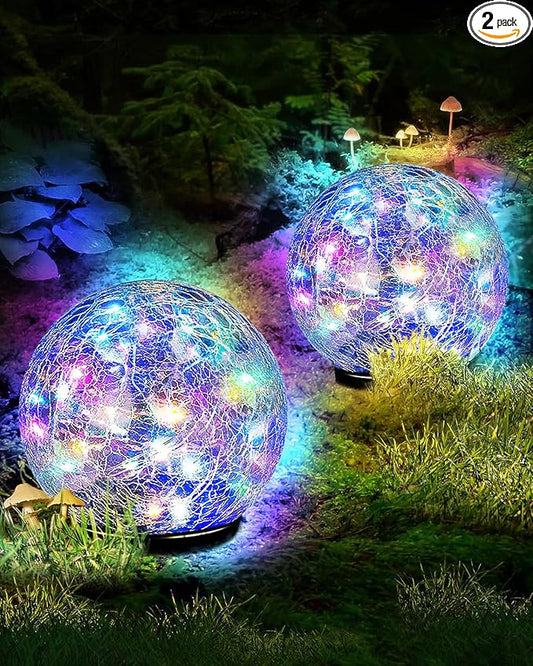 Garden Solar Ball Lights Outdoor Waterproof, 50 LED Cracked Glass Globe Solar Power Ground Lights for Path Yard Patio Lawn, Outdoor Decoration Landscape Colorful(2 Pack 4.7'')-HomvellaHome