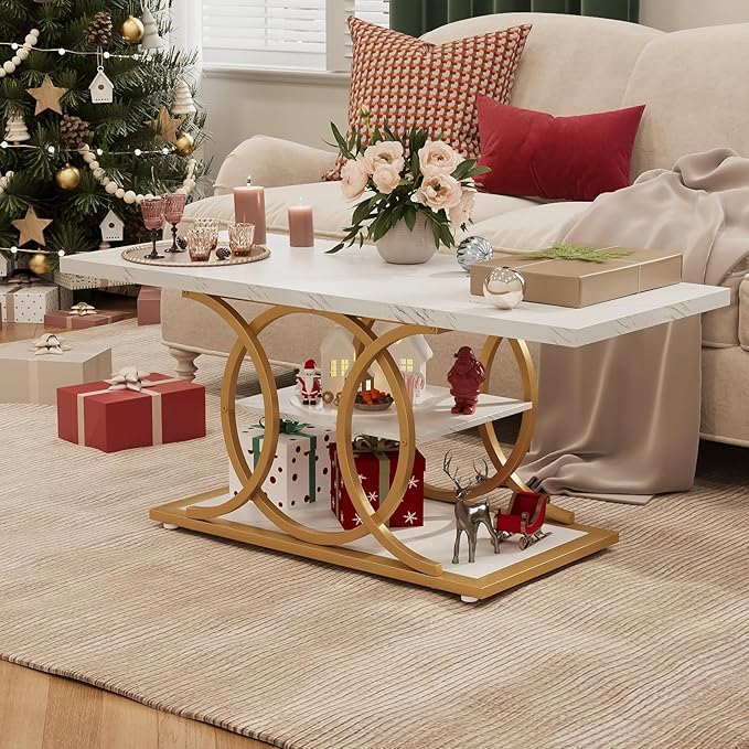 GiftGo Rustic Coffee Table with Storage Modern 3 Tier Center Living Room Table Faux Marble Wooden Rectangle Cocktail Tea Table for Office Bedroom Elegant Full Moon Design (White Gold, L-47)-HomvellaHome
