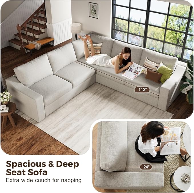 112" L Shaped Sectional Sofa with Detachable Sofa Cover, Reversible Sectional Modular Couch for Living Room, Linen Fabric Corner Couch with 7 Seats, Oatmeal-HomvellaHome