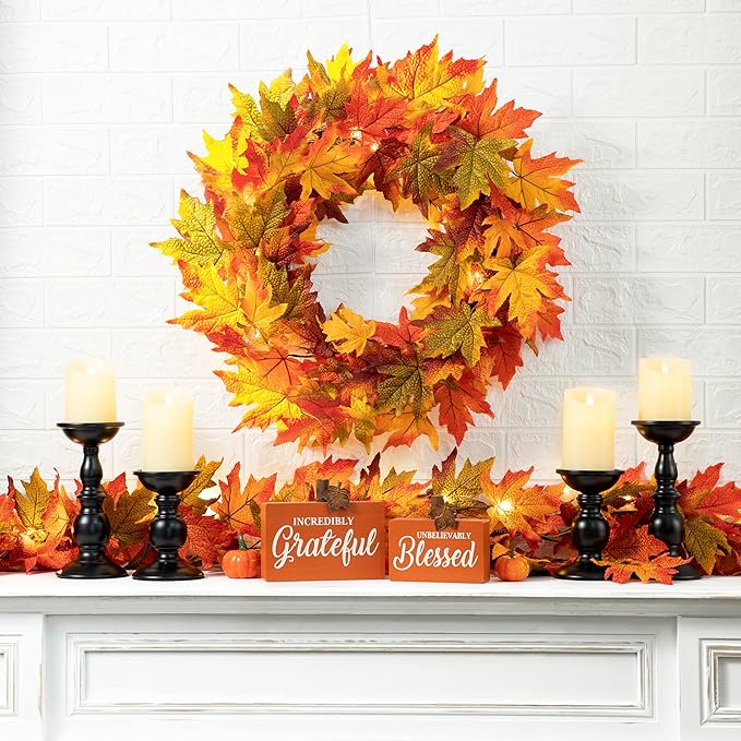 Glitzhome 24 Inch Pre-lit Fall Wreath, Autumn Wreath for Front Door, Lighted Maple Leaves Wreaths with Timer for Thanksgiving Halloween Christmas Wall Front Porch Home Decoration-HomvellaHome
