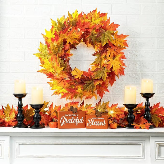 Glitzhome 24 Inch Pre-lit Fall Wreath, Autumn Wreath for Front Door, Lighted Maple Leaves Wreaths with Timer for Thanksgiving Halloween Christmas Wall Front Porch Home Decoration-HomvellaHome