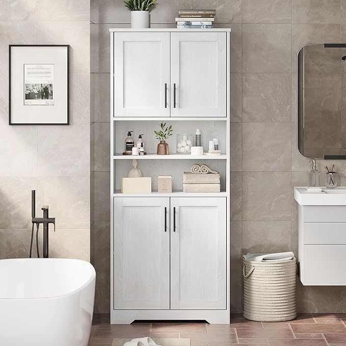 GarveeHome 67" Tall Storage Cabinet, Tall Bathroom Cabinet with 4 Doors and Adjustable Shelves, Freestanding Kitchen Pantry Cabinets, Cupboard for Living Room, Dining Room, Antique White-HomvellaHome