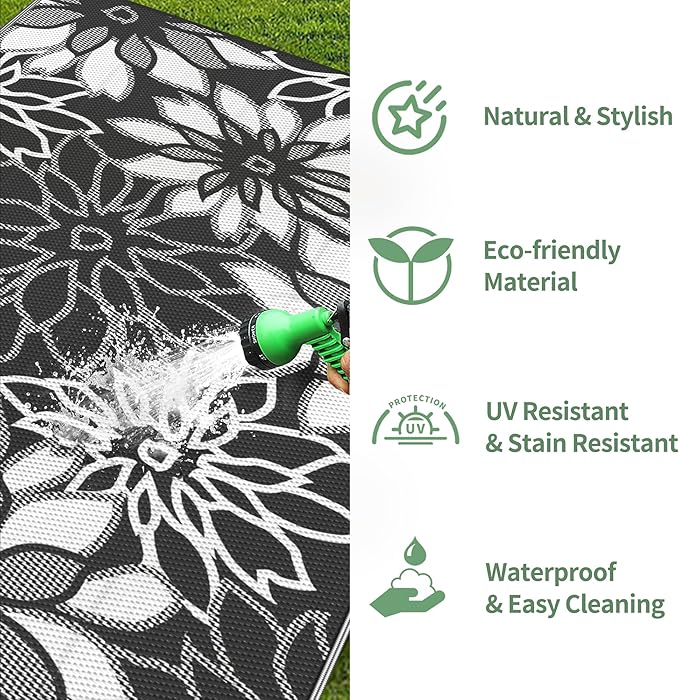 GENIMO Outdoor Rug Waterproof for Patio Decor, 8' x 10' Reversible Plastic Straw Floral Camping Carpet, Large Area Rugs Mats for RV, Camper, Deck, Balcony, Porch, Beach, Picnic, Black & White-HomvellaHome
