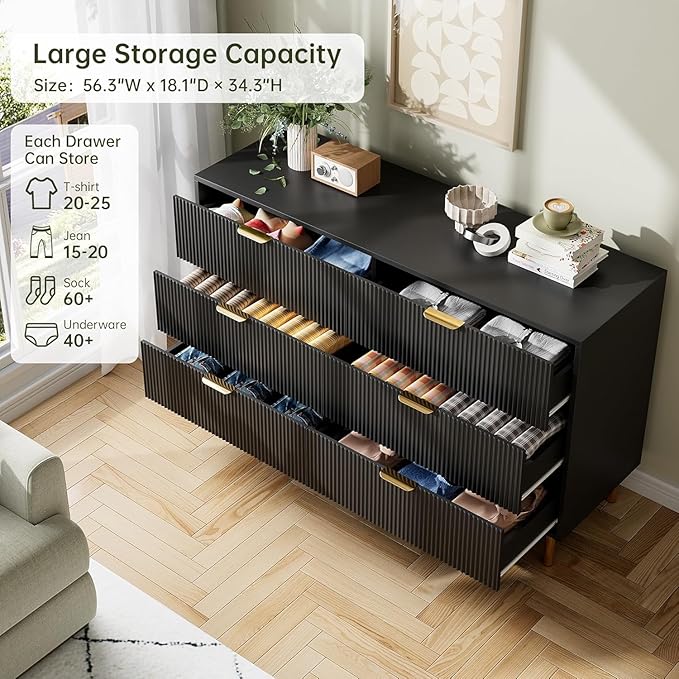 GAOMON 6 Drawer Dresser, Wood Chest of Drawers Organizer Storage with Gold Handle, Large Storage Cabinet, Modern Design Dresser for Bedroom, Living Room, Closet, Hallway, Entryway, Black-HomvellaHome