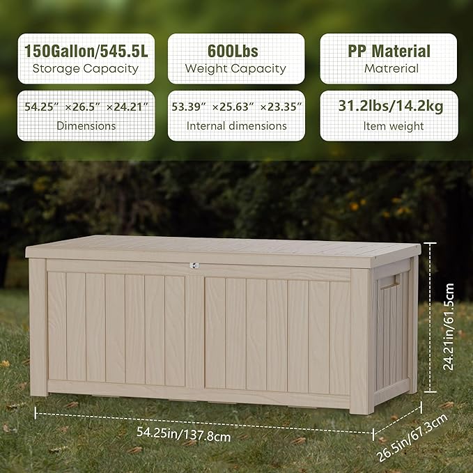150 Gallon Lockable Resin Deck Box, Waterproof & UV-Resistant Outdoor Storage Box for Outdoor Cushion Storage, Garden Tools & Pool Accessories Storage, Gray-HomvellaHome