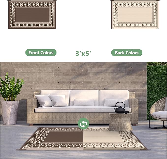 GENIMO Outdoor Rug Waterproof for Patio Decor, 3'x5' Foldable Reversible Plastic Straw Carpet for Porch, Outside Area Mat for Entryway, Rv, Deck, Picnic, Camper, Balcony, Beach, Coffee & Beige-HomvellaHome