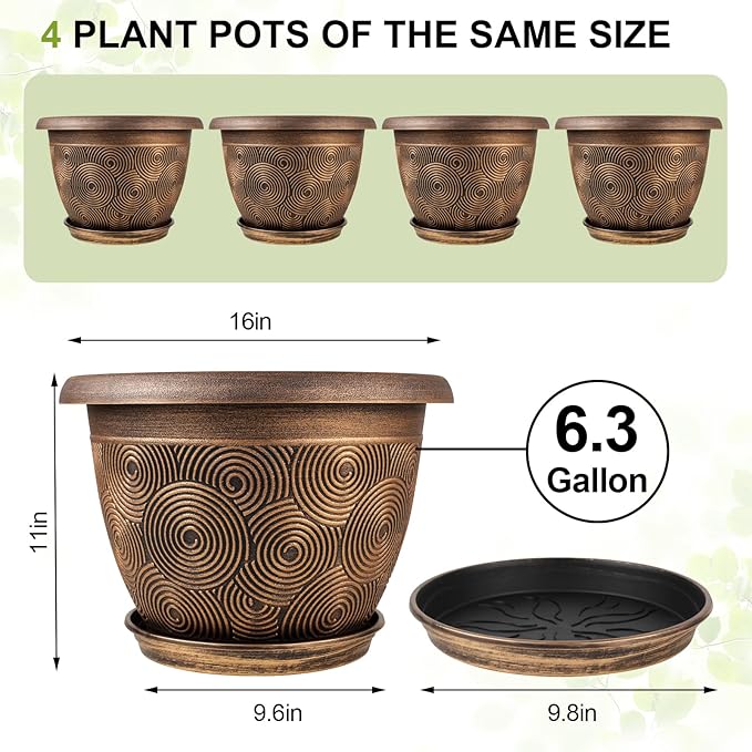 16 Inch Large Planter Pot for Plants Indoor Outdoor, 4 Pack Plastic Flower Pots with Drainage Hole & Tray, Modern Decorative Garden Pot with Saucer, Plant Container for House-HomvellaHome