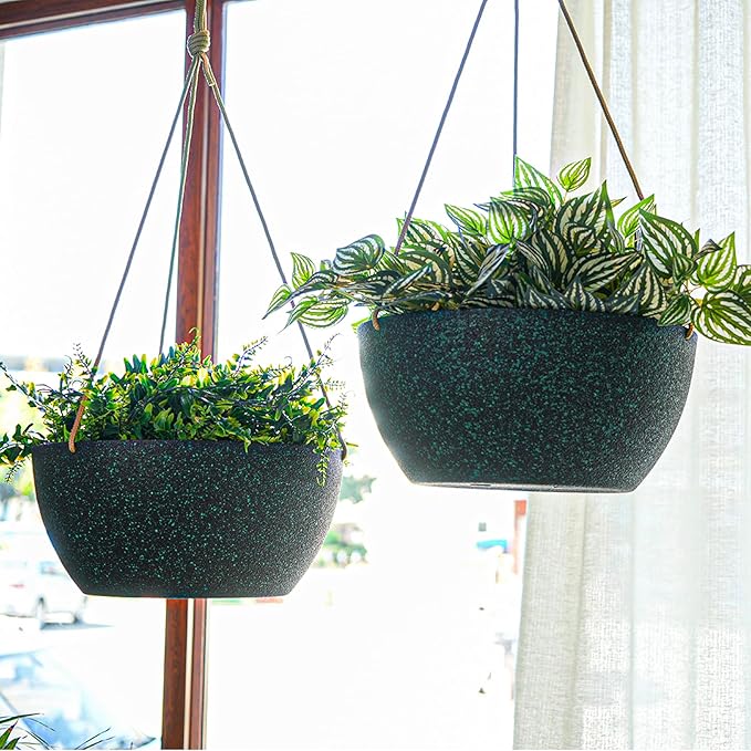 12 Inch 2 Pack Large Hanging Planters for Indoor Outdoor Plants, Plastic Hanging Basket Pots for House Plants Flowers, Black Speckles-HomvellaHome
