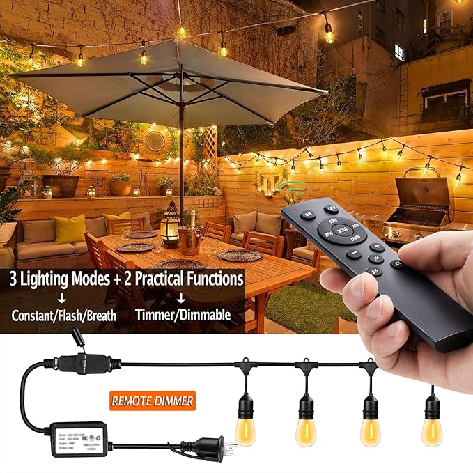 1-Pack 150 ft Outdoor String Lights with Remote Patio Lights Weatherproof, 45+3 Spare S14 Shatterproof Warm 2200K Bulbs, 3 Lighting Modes&Dimmable&Timer-HomvellaHome