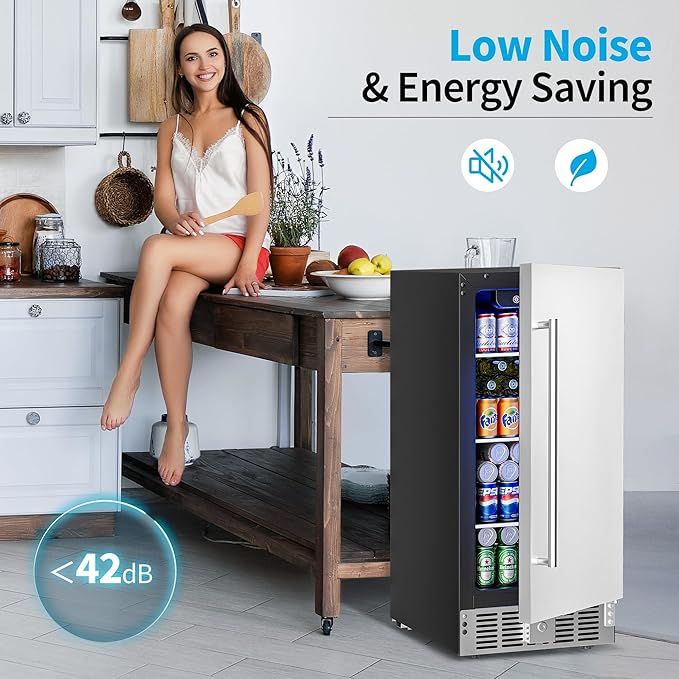 15 Inch Undercounter Beverage Refrigerator - 126 Cans Beverage Fridge with Stainless Steel Door for Beer Wine Soda - Built-in or Freestanding Wine Cooler for Home Kitchen Bar-HomvellaHome