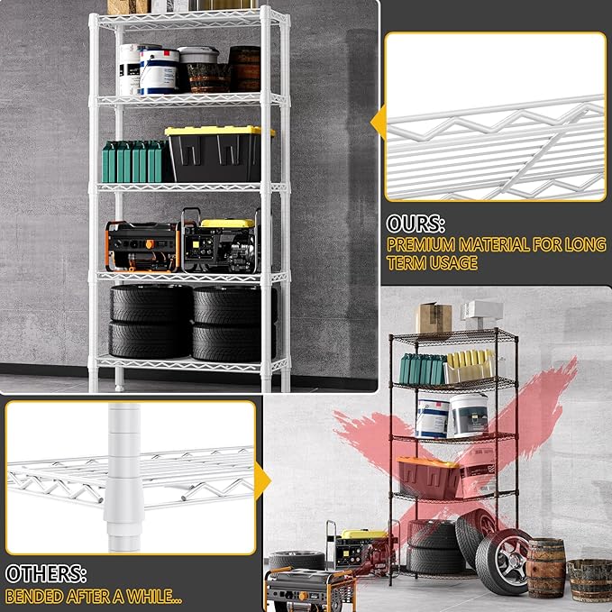 1250 lbs 5 Tier Shelf Metal Storage Shelves Wire Rack Closet Organizers for Garage Kitchen Bathroom Laundry White 11.8" D x 29.5" W x 59.5" H-HomvellaHome