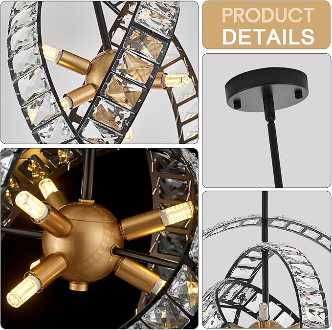 18" Crystal Globe Sputnik Chandelier, 6-Light Black Gold Modern Adjustable Hanging Ceiling Pendant Light Fixture for Entryway Foyer Stairway Bedroom Dining Living Room Hallway-HomvellaHome