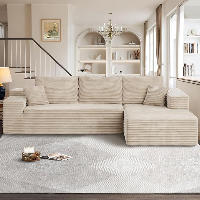 104" Cloudy Sectional L Shaped Couch for Living Room, No Assembly Required, Modular Comfy Sofa with Deep Seat, Fluffy Couch with Sleeper Chaise for Apartment Lounge (Beige)-HomvellaHome
